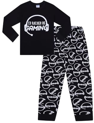 Pyjama long en coton pour garçon avec inscription « I'd Rather Be Gaming », noir et blanc, Noir , 14-15 ans