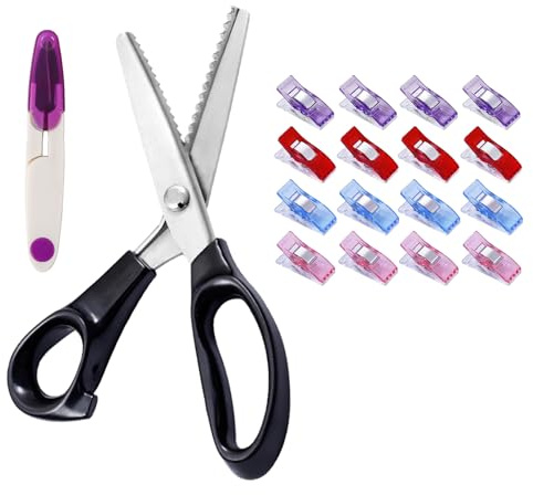 Dentadas Tijera, Tijeras Zig Zag para Tela, Tijeras Dentadas, Tijeras Costura Zig Zag, con 12 Clips De Fijación Y 1 Tijera En Forma De U, Tijeras Dentadas para Cortar Tela, Tijeras En Zigzag