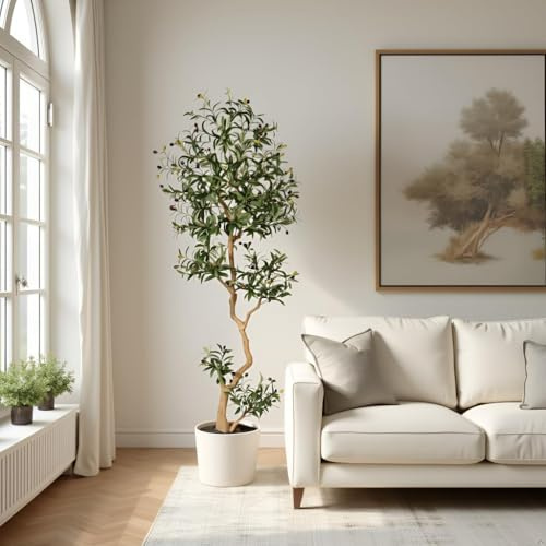 Fake Olive Tree 7.0 Feet – Artificial Plants Indoor, Faux Olive Tree, Fake Tree for Home Decor, Faux Trees Indoor for Living Room, Office, Bedroom – Tall Artificial Trees for Home, Designer Tree