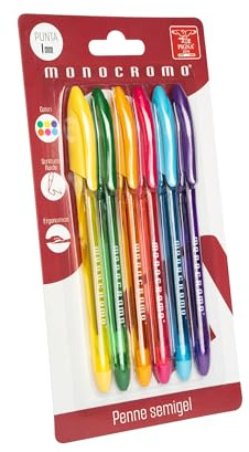 Pigna, Penna con inchiostro Semi-Gel, linea Monocromo, Scrittura Fluida, Set di 6 Pezzi (rosa,viola,giallo,arancione,blu,verde),Design Elegante, Ideale per Scuola e Ufficio