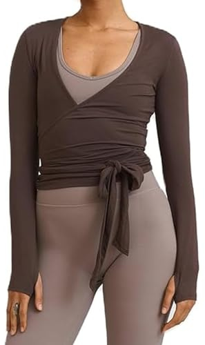 BABWWNIX Y2k Ballet Pilates Wrap Top for Women Long Sleeve Deep V Neck Tie Front Workout Yoga T Shirt Blouses Sports Tops (C-Coffee, S)