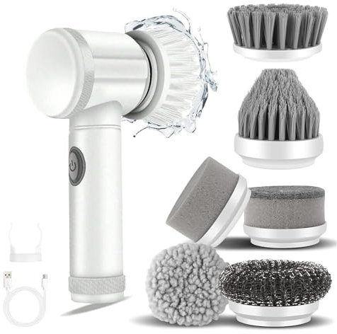 Electric Cleaning Brush - Electric Scrubber Cordless Rechargeable, Waterproof Electric Scrubbing Brush with Interchangeable Brush Heads for Car, Bedroom, Kitchen, Sink, Floor, Bathtub & Wall (White)