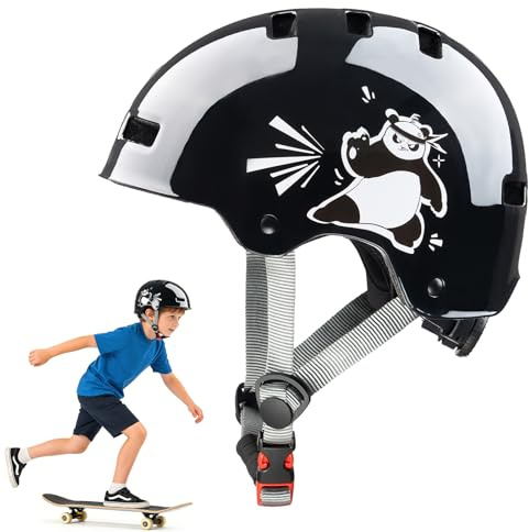 DUZSKJ Verstellbarer Kinder fahrradhelm für Mädchen Jungen, Helm Kinder Kinderhelm Skaterhelm Kinder Schutzhelm für Skateboard Fahrrad Scoot Ride Roller Inline Skates Radfahren (Schwarzer & Panda, S)