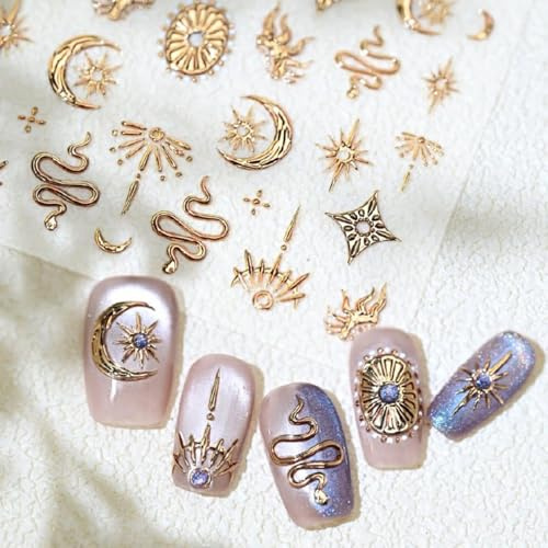 Xanthelle Nail Stickers, Gold Nail Stickers & Self-adhesive Nail Decals, 5D Embossed Star Moon Snake Design, Nail Art Stickers for Nails, Nail Design Accessories