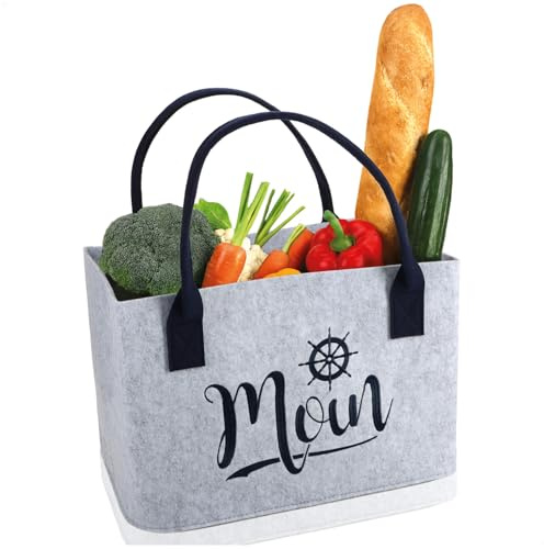 com-four® Filz-Shopper mit Henkel - Filztasche mit maritimem Spruch für Strand, Einkauf & Freizeit - faltbarer Aufbewahrungskorb aus Filz - Kaminholz-Tasche 40 x 26 cm