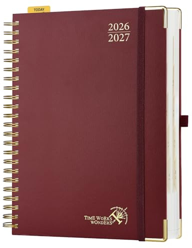 POPRUN Agenda 2026 2027 Dagsplanerare A4 Stor Storlek 30,5 x 22 cm, 1 Sida per Dag, Aug'26 - Juli'27, 12 Månader Skolkalender, Hårt Omslag med Spiralbindning, Papper 80 gsm,Rödvin