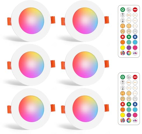 RGB LED Downlights for Ceiling Recessed Ceiling Spotlight with Remote Control, 7W CCT 2700K-6000K Colour Changing Light for Bathroom, Kitchen, Hallway Hole 68-85mm 6 Pack