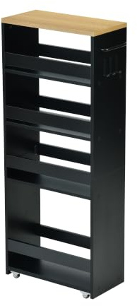 EGGREE Nischhylla smal, rullvagn 40 x 20 x 100 cm, svart + ekfärger | Rullvagn med 4 hjul, handtag och 3 krokar för kök, badrum, vardagsrum, arbetsrum, små rum trånga nischer, 15 kg/hylla