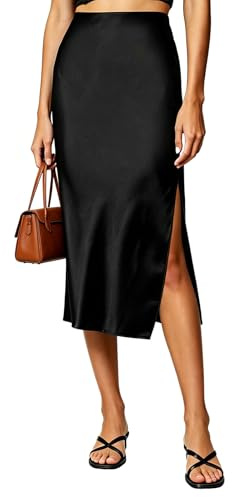 KUOIASY Satin Midi Skirt, Elegant High Waist Black Satin Skirt with Side Slit Long A-Line Silky Bias Cut Satin Skirts for Women UK for Party, Work, Casual Wear