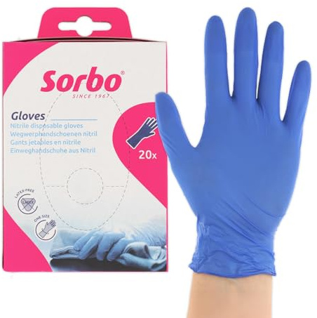 Sorbo Gants Jetables en Nitrile - sans Latex, sans Poudre, Usage Unique, Protection Mains, lot de 20, Taille Universelle, Ménage et Jardinage