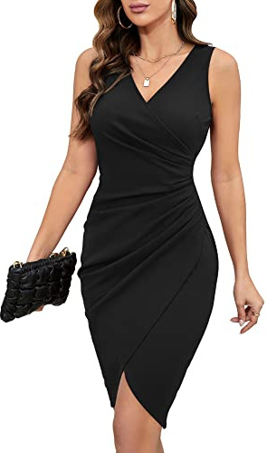 IHOT Funeral Dress for Women Sleeveless V Neck Front Ruched Midi Sheath Wrap Dress Semi Formal Cocktail Party Evening Dresses Plus Size Black X-Large