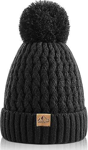 DOCVIT Kids Winter Beanie Hat, Children’s Warm Knitted Fleece Lined Woollen Ski Pompom Hat for Boys & Girls 3-9 Years Black