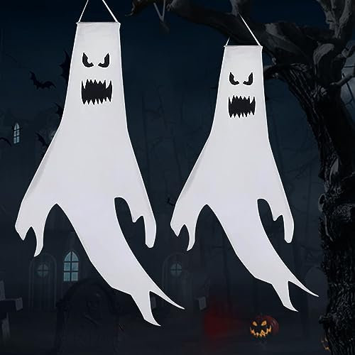 LGZIN Lot de 2 Drapeaux Fantômes Halloween, 130cm Manche à Air Fantôme d'halloween, Halloween Ghost Windsock Décorations, Suspendus Décor Extérieur Halloween pour Devant, Cour, Patio, Jardin
