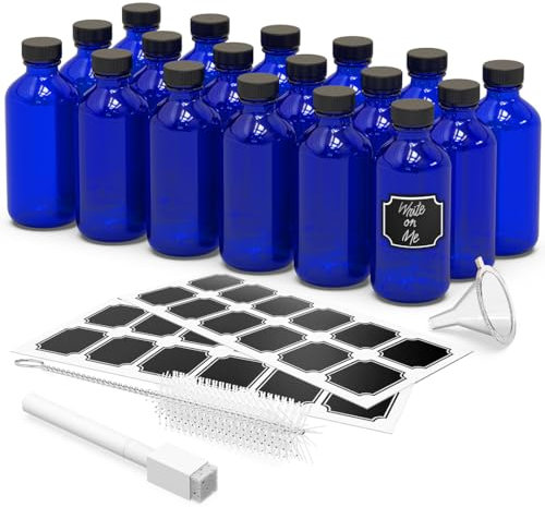 Nevlers Confezione da 18 bottiglie di vetro con coperchio, a prova di perdite, colore blu cobalto | Piccole bottiglie di vetro per estratto di vaniglia fatte in casa, medicine, estratti, farmaci,
