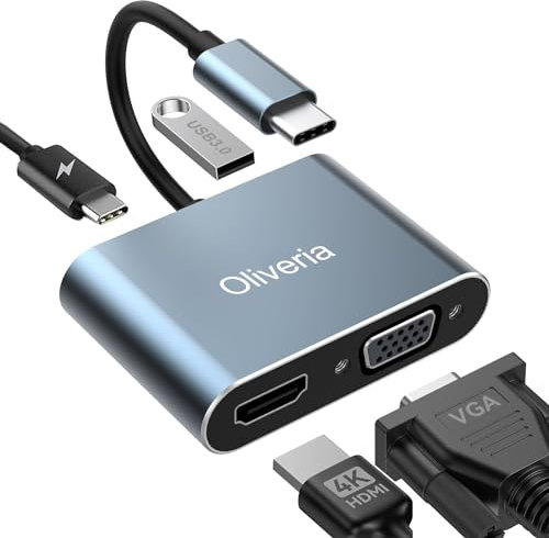 Oliveria 4K@30Hz 4-in-1 USB C Multiport Adapter - HDMI VGA Thunderbolt 3, PD 100W Ladeanschluss, USB 3.0 Anschluss für MacBook/MacBook Pro/Air, Chromebook, Dell, HDTV, Galaxy