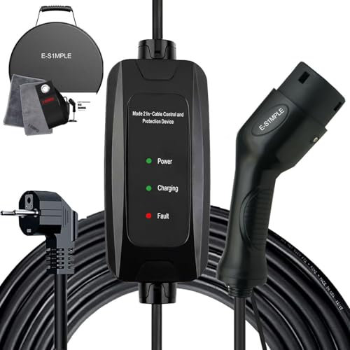 E-S1mple Typ 2 Ladekabel Schuko 5M, 1-phasig, 16A Ladekabel Elektroauto Typ 2 Schuko 3,68kW mit LED Anzeigeleuchte EV Charger Schuko Kompatibel mit Allen PHEV/EV ﻿