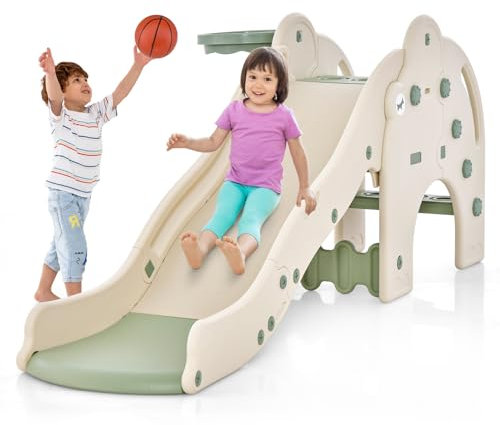 COSTWAY Rutsche Outdoor, 4 in 1 Kinder Rutsche & Tunnel & Basketballkorb & Leiter, Elefant Kinderrutsche In- und Outdoor, für Kinder ab 18 Monaten