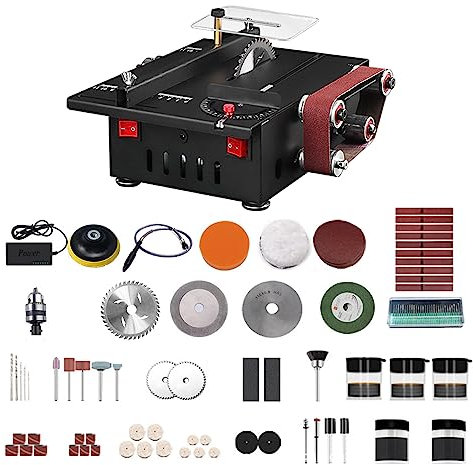 Bench Saw Belt Sander HUIOP Mini scie d'établi 150 W et ponceuse à bande avec tige d'extension, pince de serrage, kit de perçage de sculpture, scie circulaire à vitesse variable, profondeur de coupe d