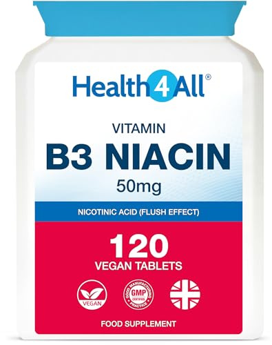 Vitamin B3 Niacin as Nicotinic Acid 50mg 120 Tablets 4 Months Supply, Flush Effect, Cholesterol Support, Reduce Tiredness and Fatigue, Vegan, Made in UK by Health4All