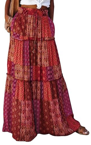 Timuspo Sommerrock Damen Lang Midirock Maxi Hohe Taille Hippie Roter Rock Casual Röcke Sommer Skirt Midi Atmungsaktiv Strandrock Faltenrock Boho-Rot M