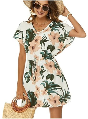 Vossmi Strandöverdrag Dam Sommar Dragsko Avslappnad Lös Strandklänning Kortärmad V-ringad Chiffong Strandklänning Täcker Pool Cover Up, Grön, one size