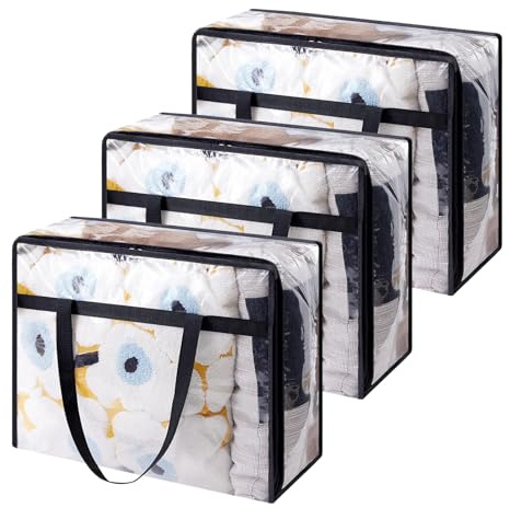 Anseom 3 bolsas de almacenamiento transparentes, 40 l, plástico, asa con cremallera, organizador de armario, caja para edredones y ropa de cama