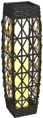 Outsunny Lampada Solare da Giardino in Rattan PE e Acciaio, Lampada da Esterno con Illuminazione LED e Accensione Automatica, 20x20x68 cm, Grigio