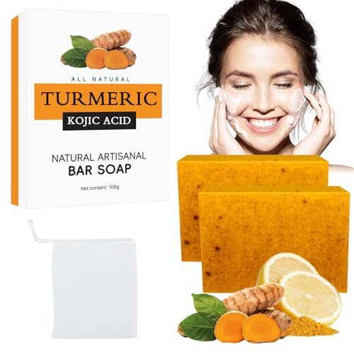 Savon Curcuma,2PCS Turmeric Kojic Acid Soap,Savon à L'acide Kojique,Turmeric Soap,Savons Curcuma et Acide Kojique,pour Visage et Corps