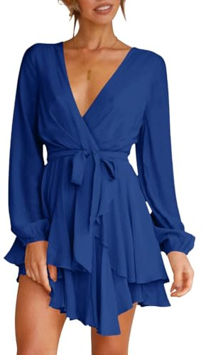 Wenrine - Abito da donna, scollo profondo a V, a linea A, con volant, mini abito casual, a maniche lunghe, abito avvolgente con cintura, Blu mare, M