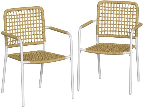 Outsunny Lot de 2 Chaises de Jardin en Résine Tressée Empilables Jaune | Chaise de Salle à Manger, avec Accoudoirs et Dossier, Fauteuil de Jardin Exterieur, pour Balcon Terrasse Patio