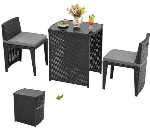 Warmiehomy 3 Piece Rattan Garden Furniture Set, Bistro Set with 2 Chairs & Tempered Glass Top Table, Cushioned Outdoor Table and Chairs Set 2 with Metal Frame for Patio Balcony Garden Yard, Black