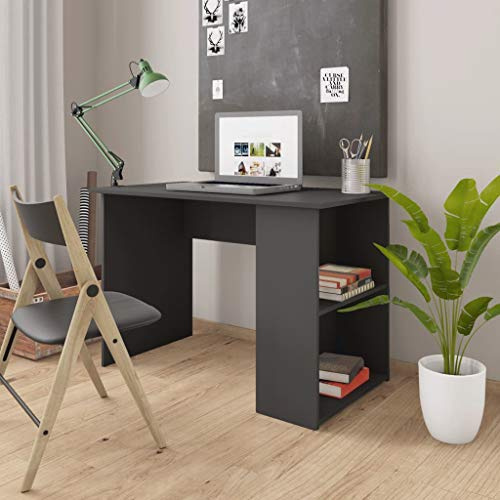 Ziaphsol Grått trämaterial skrivbord 110 x 60 x 73 cm med 2 hyllor, platsbesparande datorbord för kontor, hemmakontor, PC, bärbar dator, arbetsrum