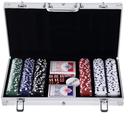 HOMCOM Maletín de Poker Profesional de Aluminio con 300 Fichas Juego Set de Poker Casino con 5 Dados 2 Barajas de Cartas y 1 Ficha de Crupier 38x20,5x6,5 cm Multicolor