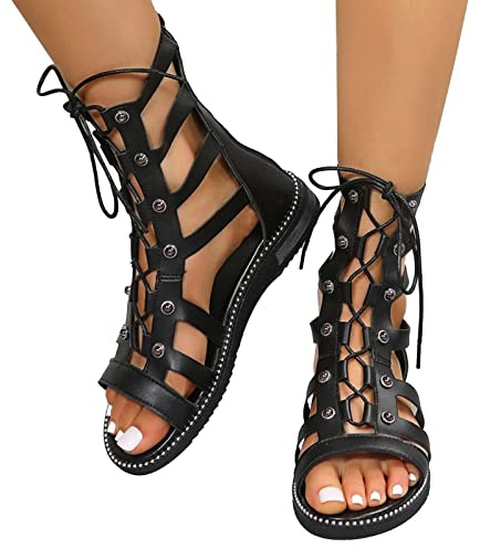 Onsoyours Sandales à Lanières Été Femme Romain Sandales Plates Enfiler Antidérapant Respirant Attaché Sandale Sandals à Lacet de Vacance Nu Pieds Bout Ouvert B Noir 36 EU