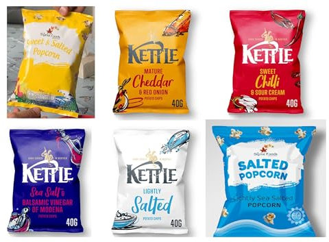 Kettle Hand cooked Crisps Potato Chips Light salted Cheddar & Red Onion Sea Salt & Vinegar Black Pepper and Sweet Chilli Sour Cream 40g x 18 Packs + 2 Packs of Lightly Salted and Sweat Salted Popcorn