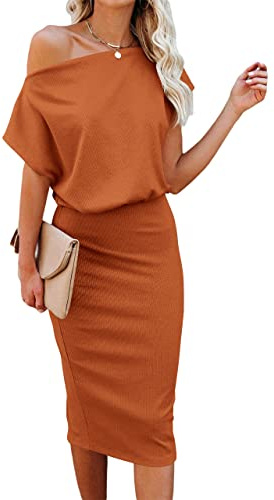 Ezbelle Women's Fall Fashion 2022 One Shoulder Short Sleeve Bodycon Dresses Sexy Fitted Ribbed Party Dress Caramel, 4-6