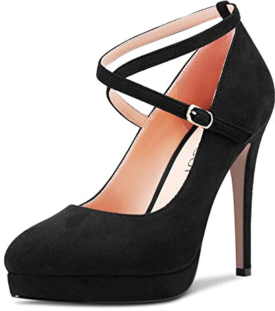 Aachcol Femmes Escarpins Plate-Forme Rond Bout Lanières Cheville Aiguille Haut High Talon Heel Dress Chaussures Sandales Mariage Suède Noir 12 CM 39 EU