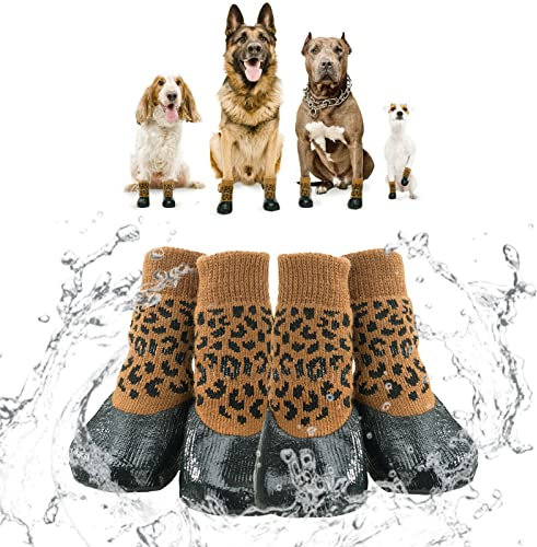 Hundesocken Wasserdicht - Hundeschuhe Pfotenschutz Outdoor, Socken Hund 4 Stück, Hundesocken Anti Rutsch, Hundeschuhe Pfotenschutz Wasserfeste Winter für Labrador, Husky, Leopardenmuster (6#)