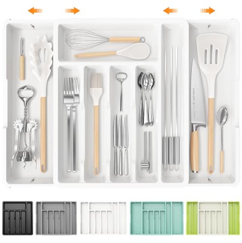 iDavosic.ly Besteckkasten für Schubladen, Erweiterbarer Besteckeinsatz für Schubladen Cutlery 1rganizer Küche, Verstellbarer Besteckhalter Besteck Spoon Gabeln Kunststoff Messer, Weiß