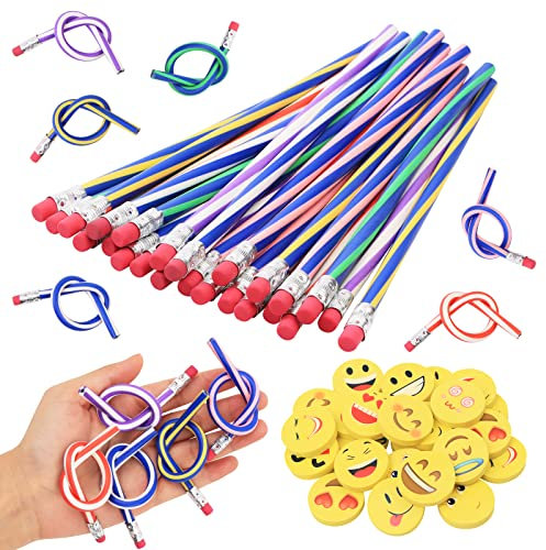 HIMOMO Biegebleistifte Kinder, Kinder Party Tasche Füllerset, 24 Bunt Flexible Biegsame Bleistifte mit 24 Niedlich Radiergummi, biegsame Stifte und Radiergummis Magic Bend Toys Kindergeburtstag