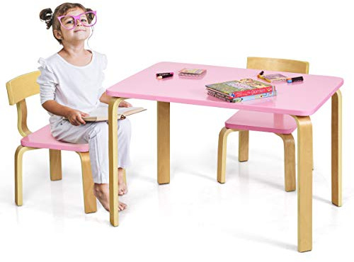 GOPLUS Juego de Mesa y 2 Sillas Infantil, Muebles para Niños de Madera Abedul, Escritorio Asiento Ergonómico para Dormitorio Guardería Estudio, Mesa: 53 x 53 x 78 cm Silla: 34,5 x 42 x 48 cm Rosa