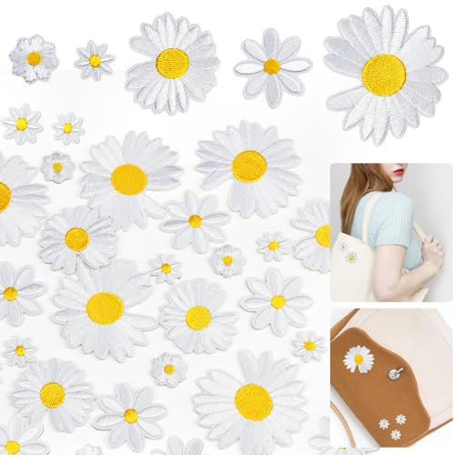 LIMITADA 40 Stück Patches zum Aufbügeln Gänseblümchen Blume Patches Applikation SüßEr Stickerei-Patch Aufbügelbilder Blumen Patches Aufnäher Bügelbilder für DIY T-Shirt Jeans Kleidung Taschen