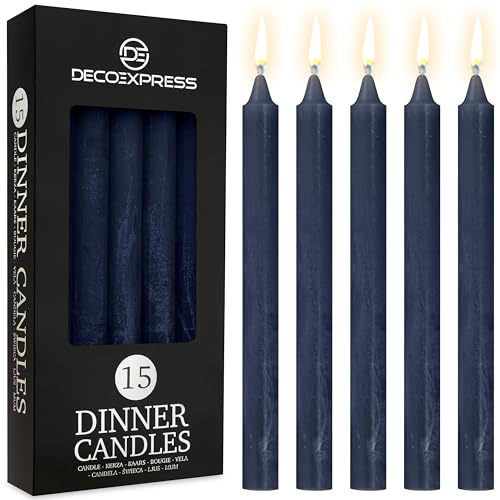 DECO EXPRESS Tapered Candle Set of 15 Classic Dripless Rustic Tapered Unscented 9H Burn Time Handmade Decorative Dinner Candles Restaurant Home Christmas (Navy, 15 Pack)
