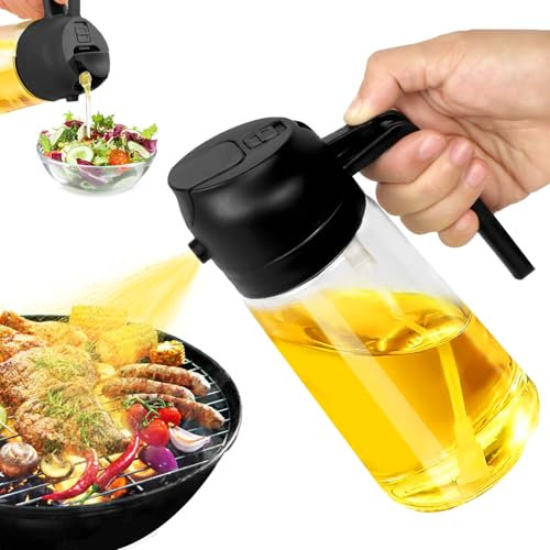 Nepfaivy Oil Spray Bottle for Cooking - 2 in 1 Oil Dispenser and Sprayer, 470ml Leakproof Glass Olive Oil-Dispenser Bottle with Pourer, Ideal for Kitchen, Air Fryer, Grilling (Black)