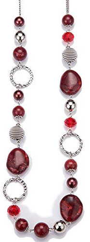BULINLIN Collar Largo de Plata Bohemio para Mujer Collares de Cuentas Largos Elegante Joyas de Mujer Regalos Cumpleaños para Ella(Red)
