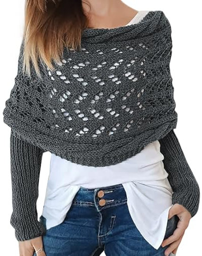 Icegrey Schal Mit ärmeln für Damen, Gestrickter Zopfmusterschal, Winter Pullover Schal, Sweater Scarf with Sleeves, Strickschal, Dunkelgrau