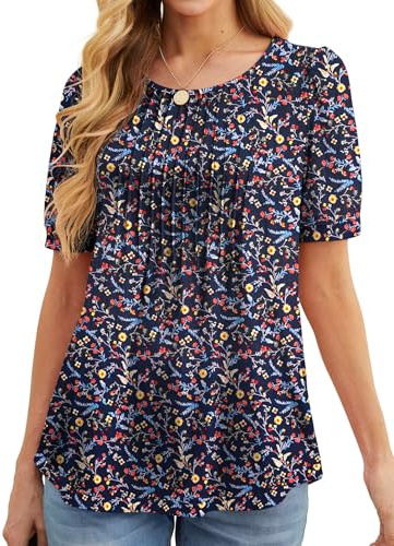 GRECERELLE Womens Summer Tops Casual Dressy Soft Short Sleeve Tunic Front Pleated Spring Crew Neck Tees T-Shirts Loose Blouse for Ladies