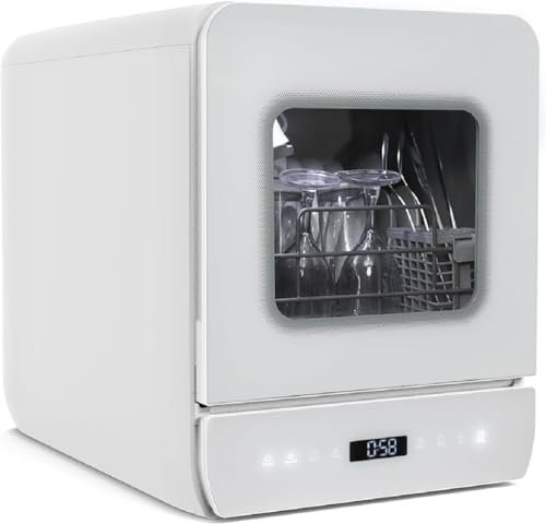 YU YUSING Mini Lave-vaisselle Compact 7 Programmes 45cm, Petit Lave-vaisselle de Table Portable 5 Couverts, Utilisable Avec ou Sans Arrivée d'Eau, Réservoir d'eau 4.8L, Écran LED, Camping