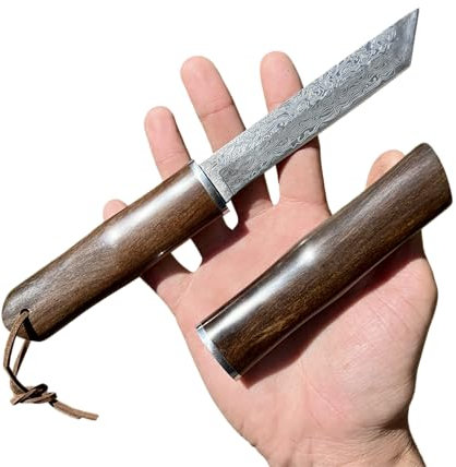 Obespina Couteau Damas Tanto Camping Lame Fixe Acier Damascus Style Japonais Manche Intégral Bois Collection Custom Cadeau Homme Suminagashi VG10 forge artisanat tranchant camping exterieur