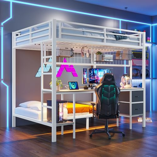KecDuey Cama alta, 90x200 y 140x200cm, estructura de litera con marco de hierro, cajones, estantes para objetos, escritorio, somier con tira de LED de 7 colores, puerto USB (Blanco)